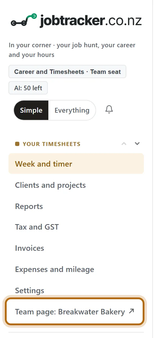 The app's menu for the Owner of a small team. Under Your Timesheets, the last item, Team page: Breakwater Bakery, is ringed.