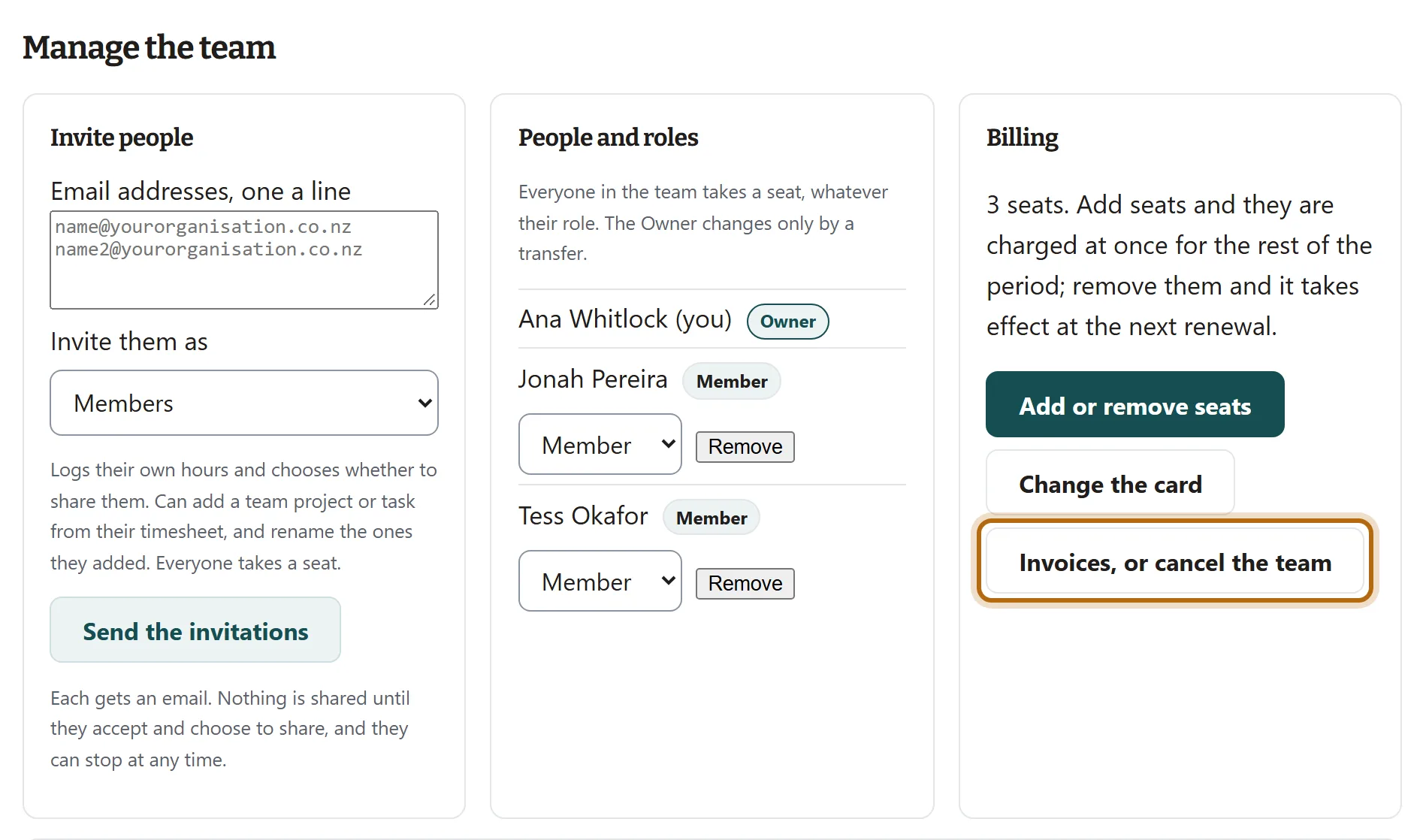 Manage the team for Breakwater Bakery, with three boxes. In the Billing box, the last of three buttons, Invoices, or cancel the team, is ringed.
