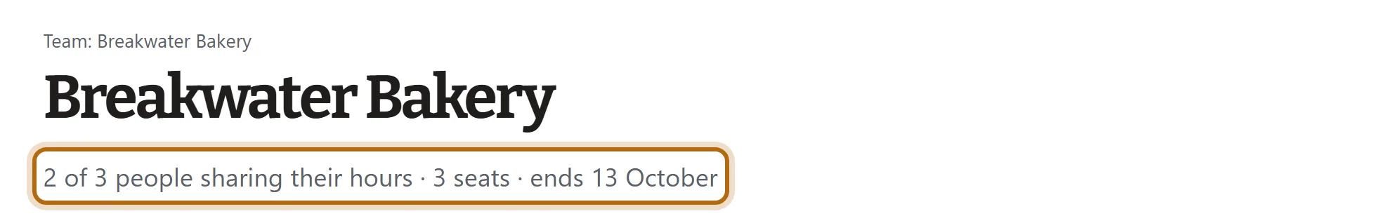 The top of the Breakwater Bakery Team page. The line under the name, 2 of 3 people sharing their hours, 3 seats, ends 13 October, is ringed.