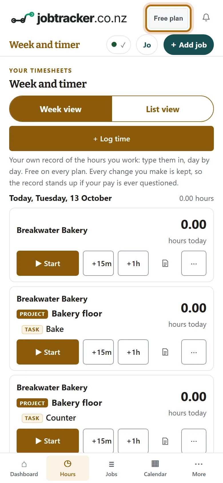 Jonah's phone after the team ended, on Week and timer. At the top of the screen the plan now reads Free plan, which is ringed. His place, Breakwater Bakery, and its projects are still listed below.