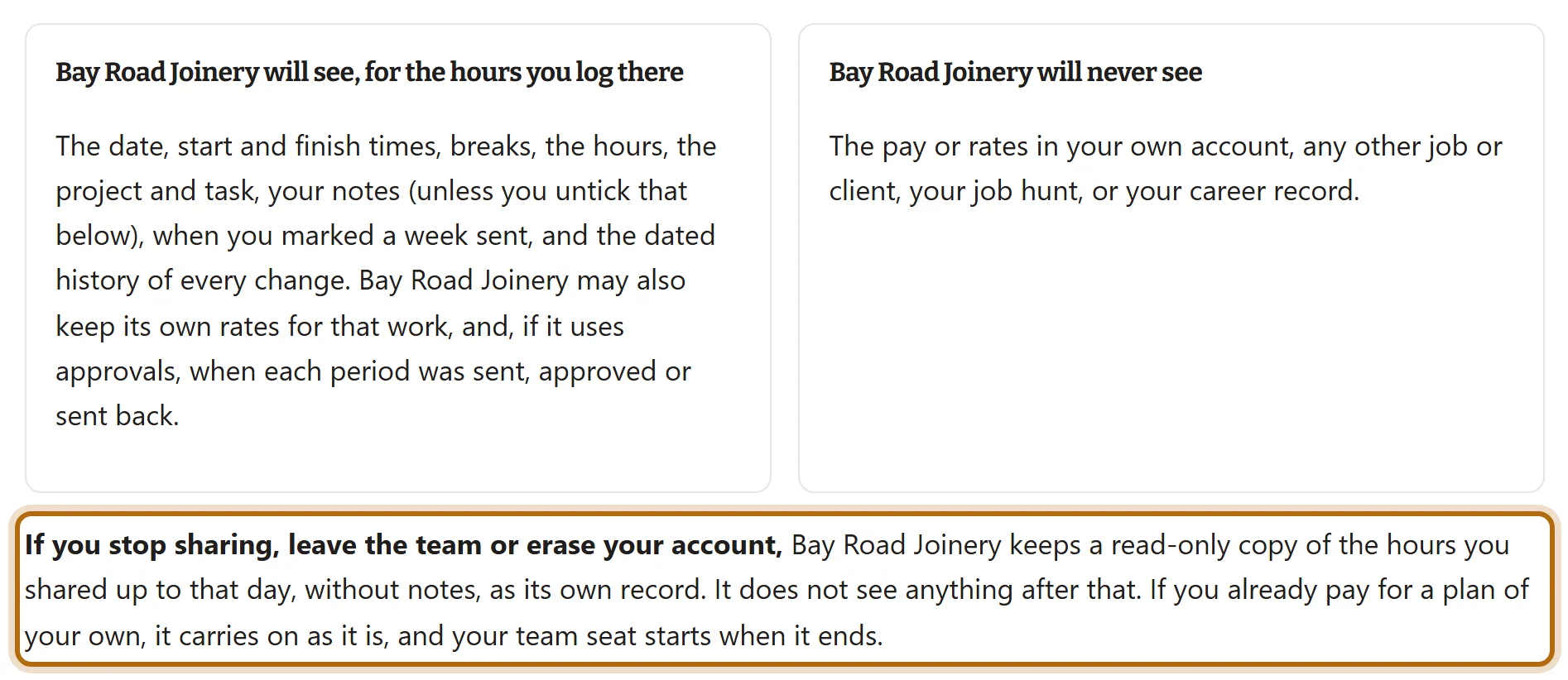 The paragraph under the two boxes, ringed. It begins If you stop sharing, leave the team or erase your account, and says the team keeps a read-only copy of the hours you shared, without notes.