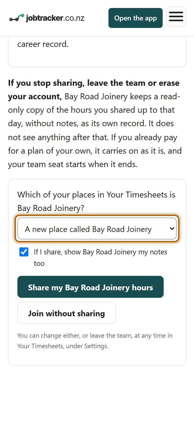 The same page on a phone, scrolled to the choices. The box under Which of your places in Your Timesheets is Bay Road Joinery? is ringed. It reads A new place called Bay Road Joinery.