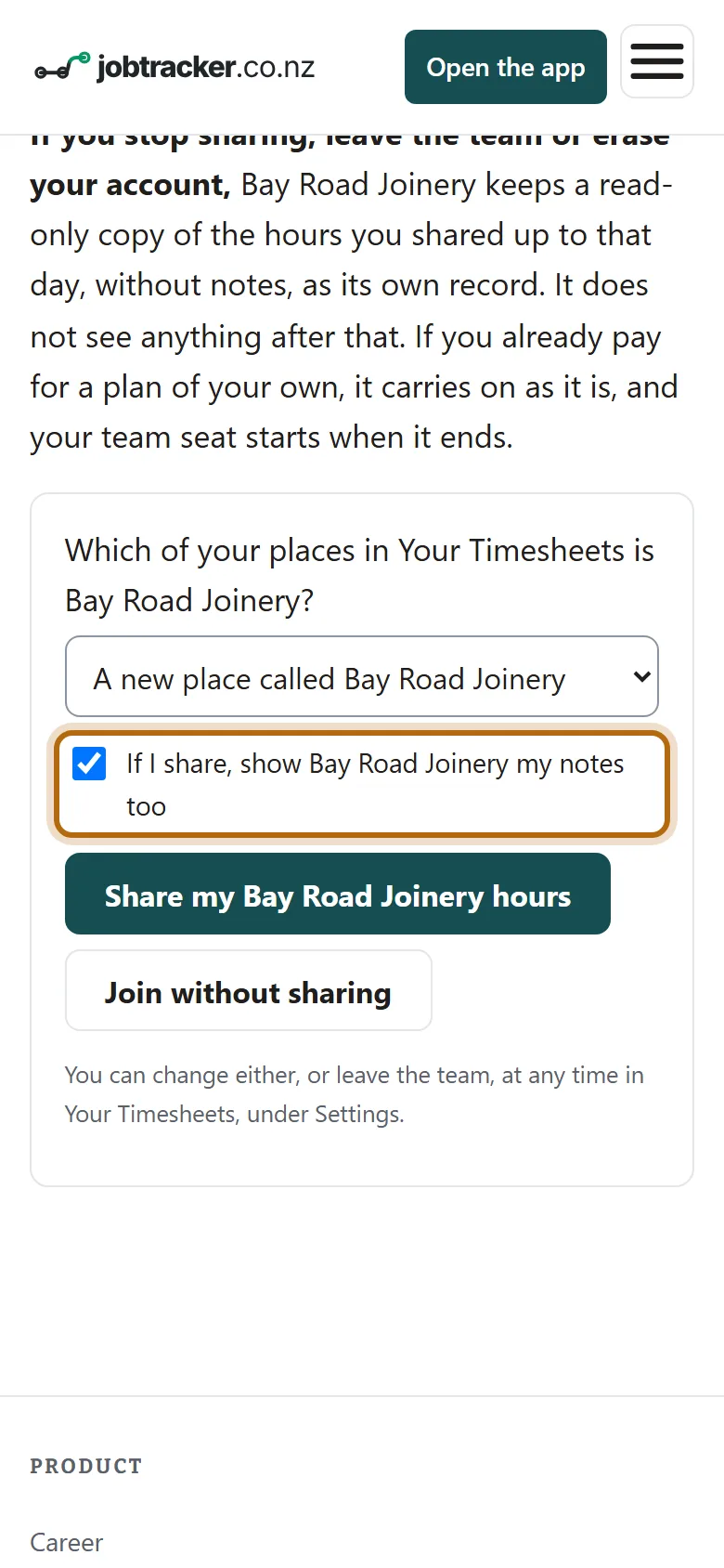 The same choices on a phone. The ticked box for showing Bay Road Joinery your notes too is ringed.