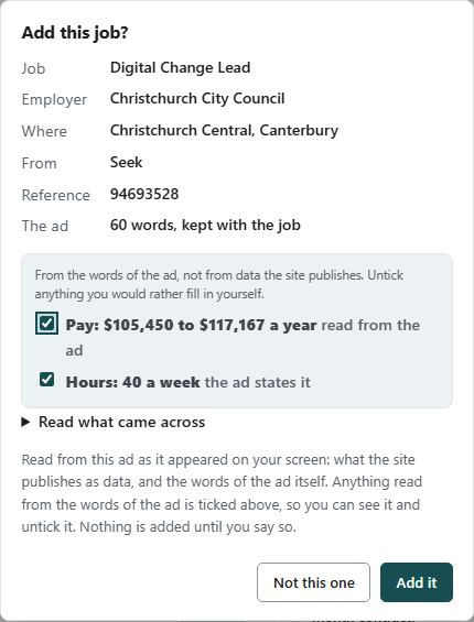 The app asking Add this job, listing the job, the employer, the location, the source, the reference and the length of the ad, with a ticked line for the pay it read from the ad.