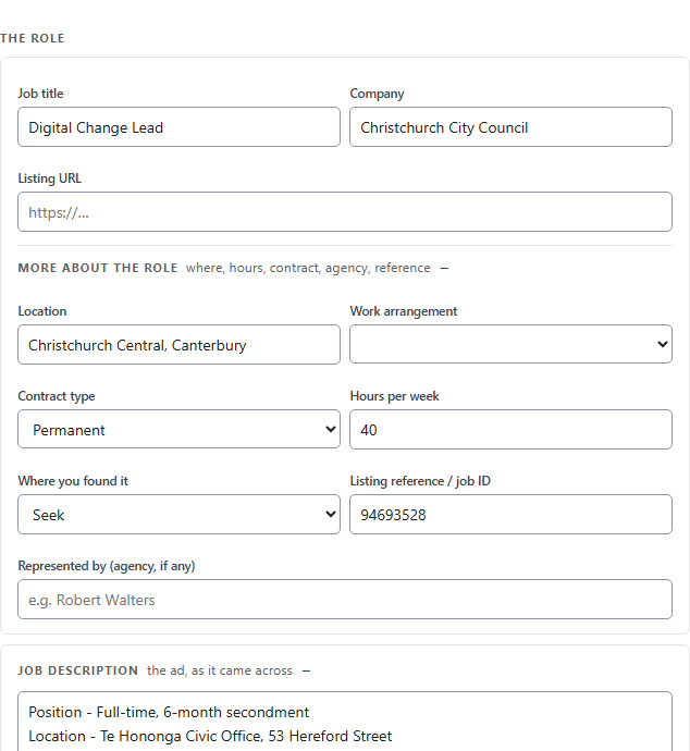 The saved job, with the title, employer, location, contract type, hours, source, listing reference and the whole job description kept against it.